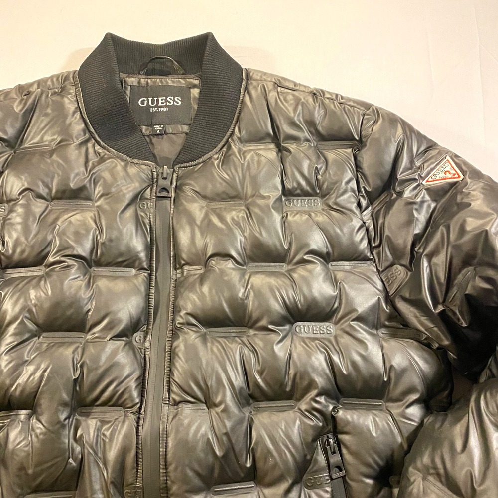 Guess Mens XL Black Logo Stamp Quilted Puffer Coat Full Zip Bomber Jacket
